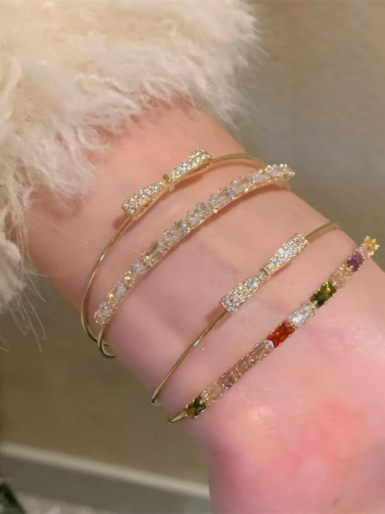 Exquisite Zirconia Bow Bangle, Versatile Stackable Bracelet, Unique Design Gemstone Jewelry, Gift for Girlfriend Exquisite Zirconia Bow Bangle, Versatile Stackable Bracelet, Unique Design Gemstone Jewelry, Gift for Girlfriend