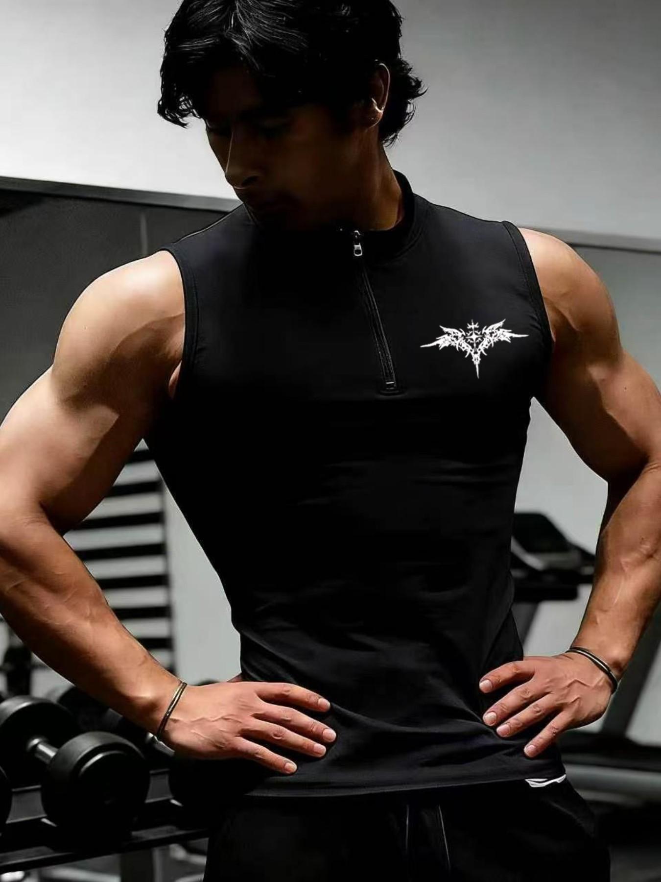 Mens Gothic Logo Quick Dry Sleeveless Shirt | Muscle Fit Half Zip Workout Tank | Gym Bro Streetwear Fitness Top