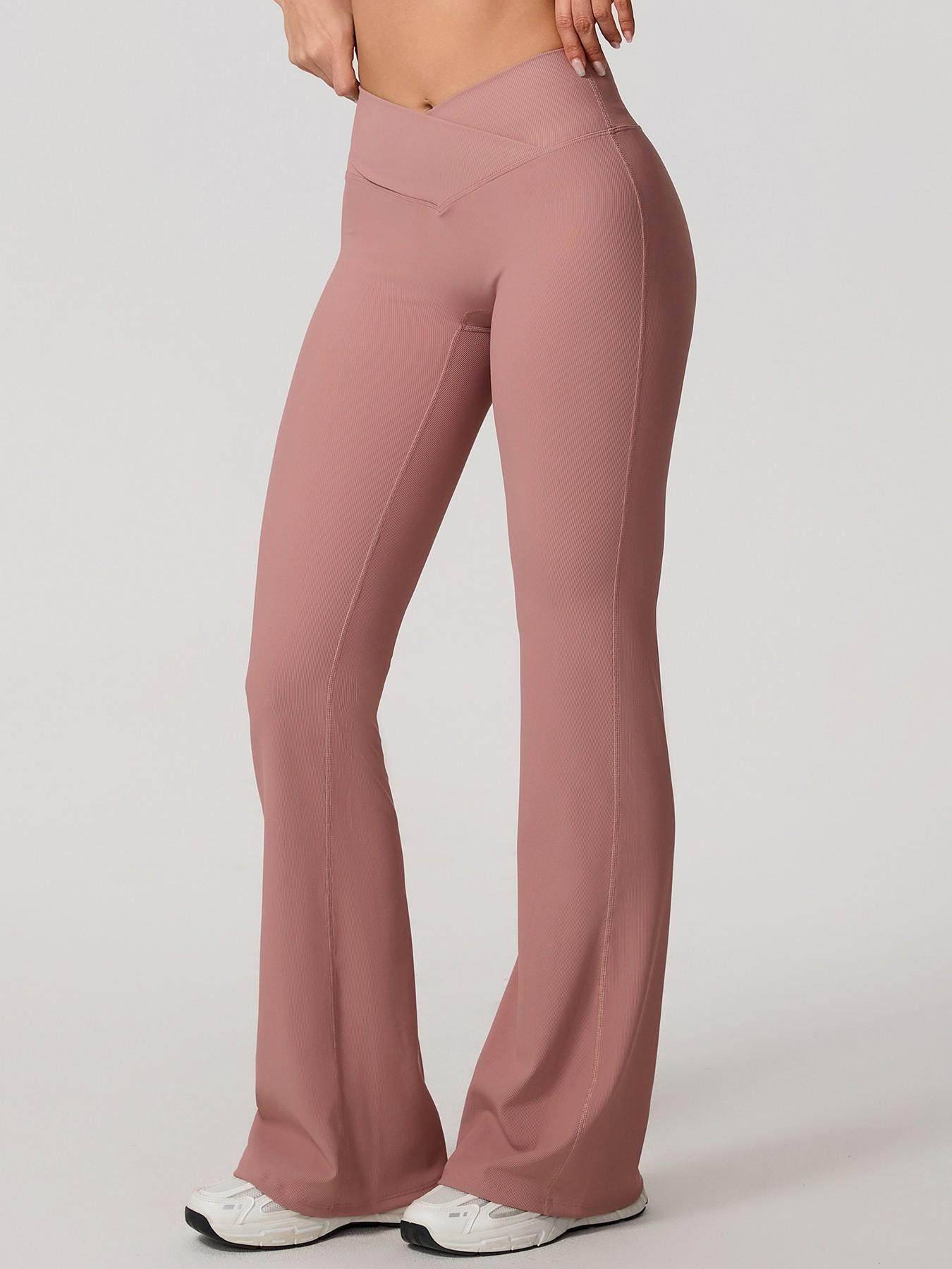 Women’s High Waist Ribbed Flare Yoga Pants, Soft Slim-Fitting Tummy Control Plain Leggings, Stylish Sporty Design with Cross Front Details