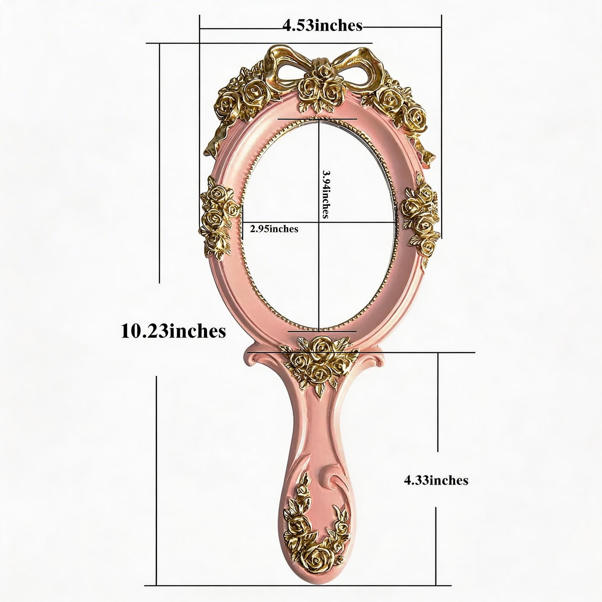 Portable Handheld Makeup Mirror, Travel Princess Style Metal Beauty Mirror, Oval Rose Embossed, Desktop Decor, Vintage Handle, Photo Props, 3-Piece Set