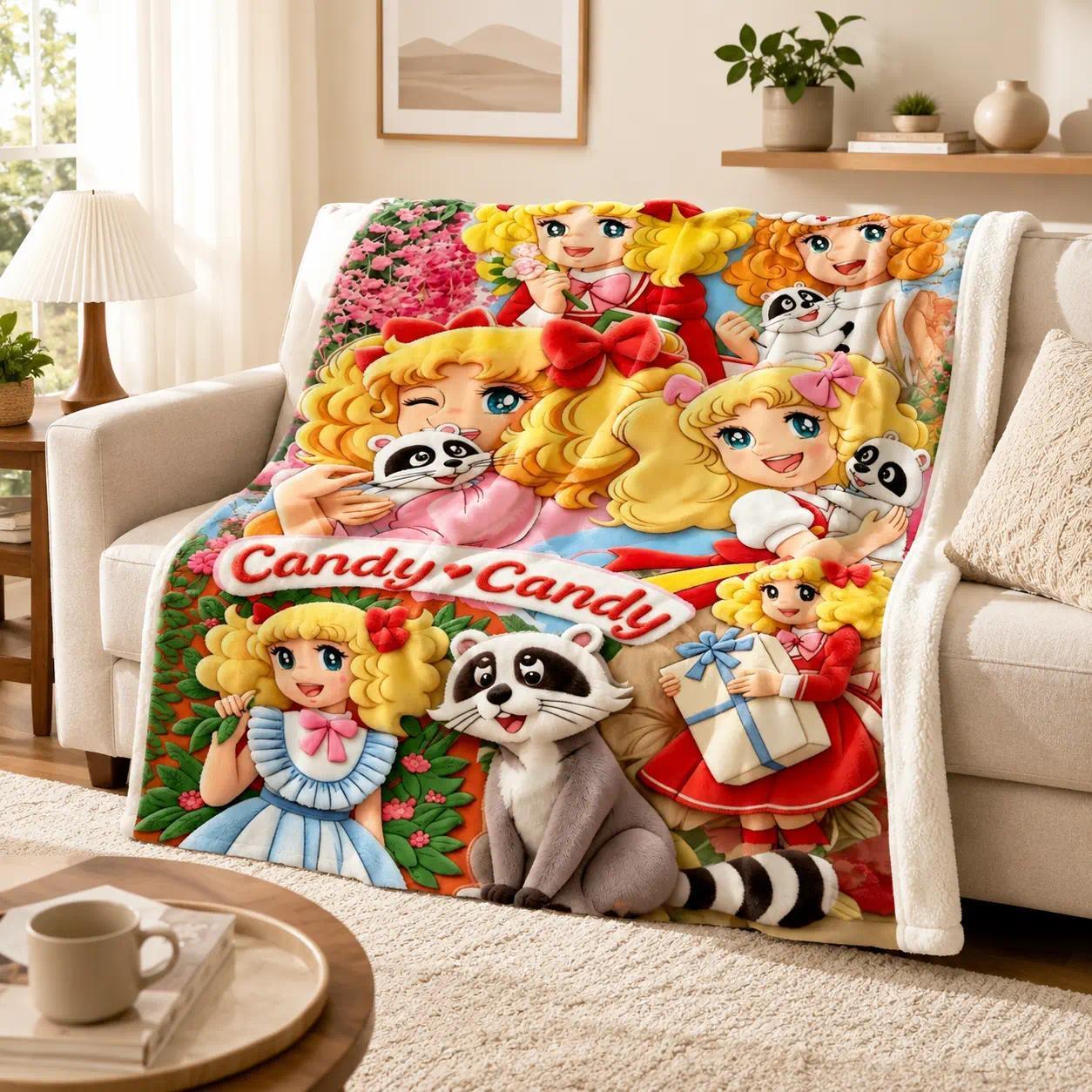 Vintage Candy Candy Classic Cartoon Girl Raccoon Pattern Flannel Throw Blankets Cooling Blankets Cooling Blanket Duvet Bedding Bed Accessories Comforter Set Retro Style Soft Ultra Cozy Lightweight Multi Purpose Decor Blanket for Bed Sofa Couch Bedroom Dor