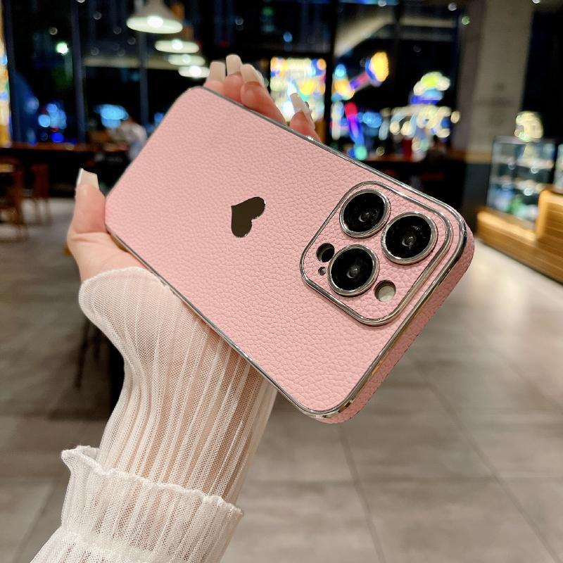 Luxury Solid Color Leather Plating Border Love Logo Phone Case For iPhone 16 Pro Max 14 11 12 13 15 Pro Max Bumper Back Cover