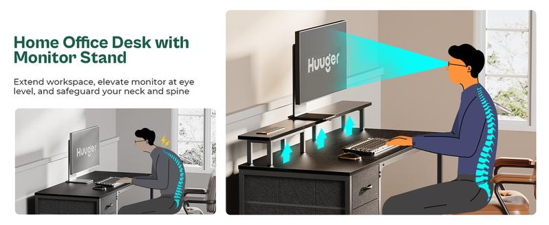 Huuger Computer Desk with Power Outlets and LED Lights, Gaming Desk with 4 Drawers, Office Desk with Monitor Stand, USB-C Port