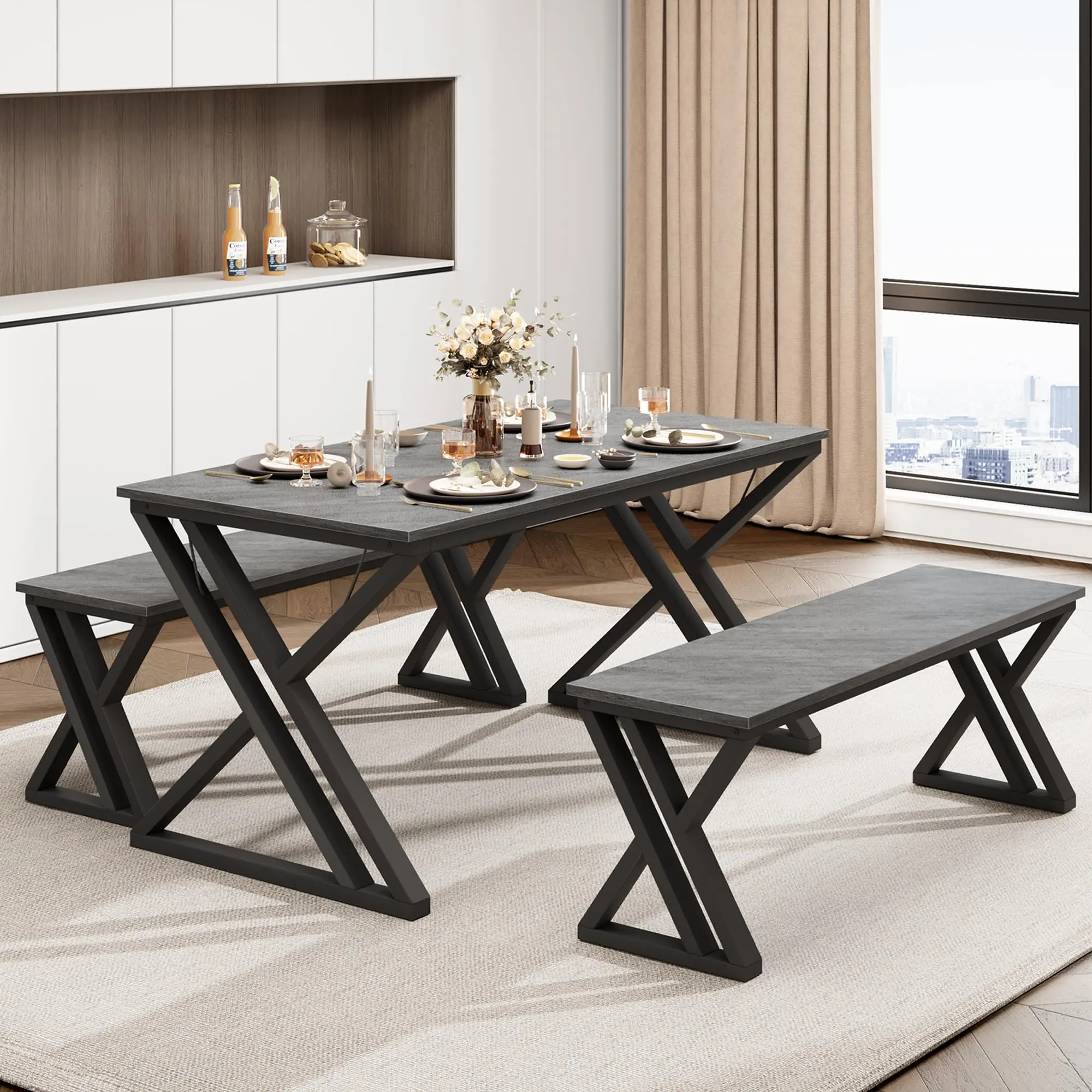 GARVEE 4-Person Gray Dining Set - Rectangular Table + Benches (2 Benches) with Sturdy X-Frame Metal Frame, Space-Saving for Kitchen, Dining Room, Assembly Required, Quick Setup