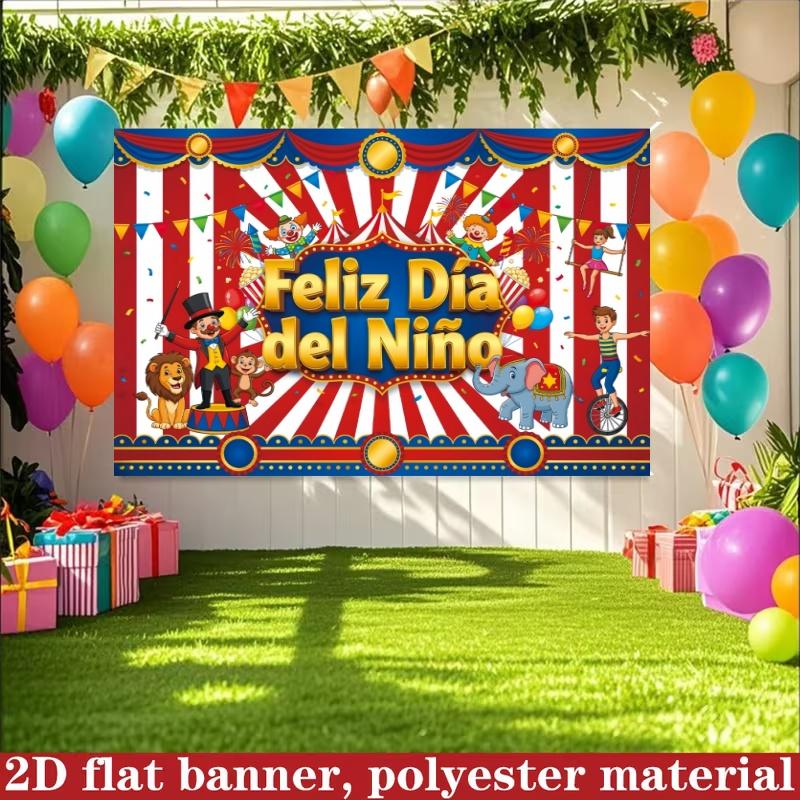 2D Flat Banner, Spanish 'feliz Día Del Niño,' Polyester, Circus Theme, Home Wall Outdoor Garden Party Decor, Large Garage Party Banner