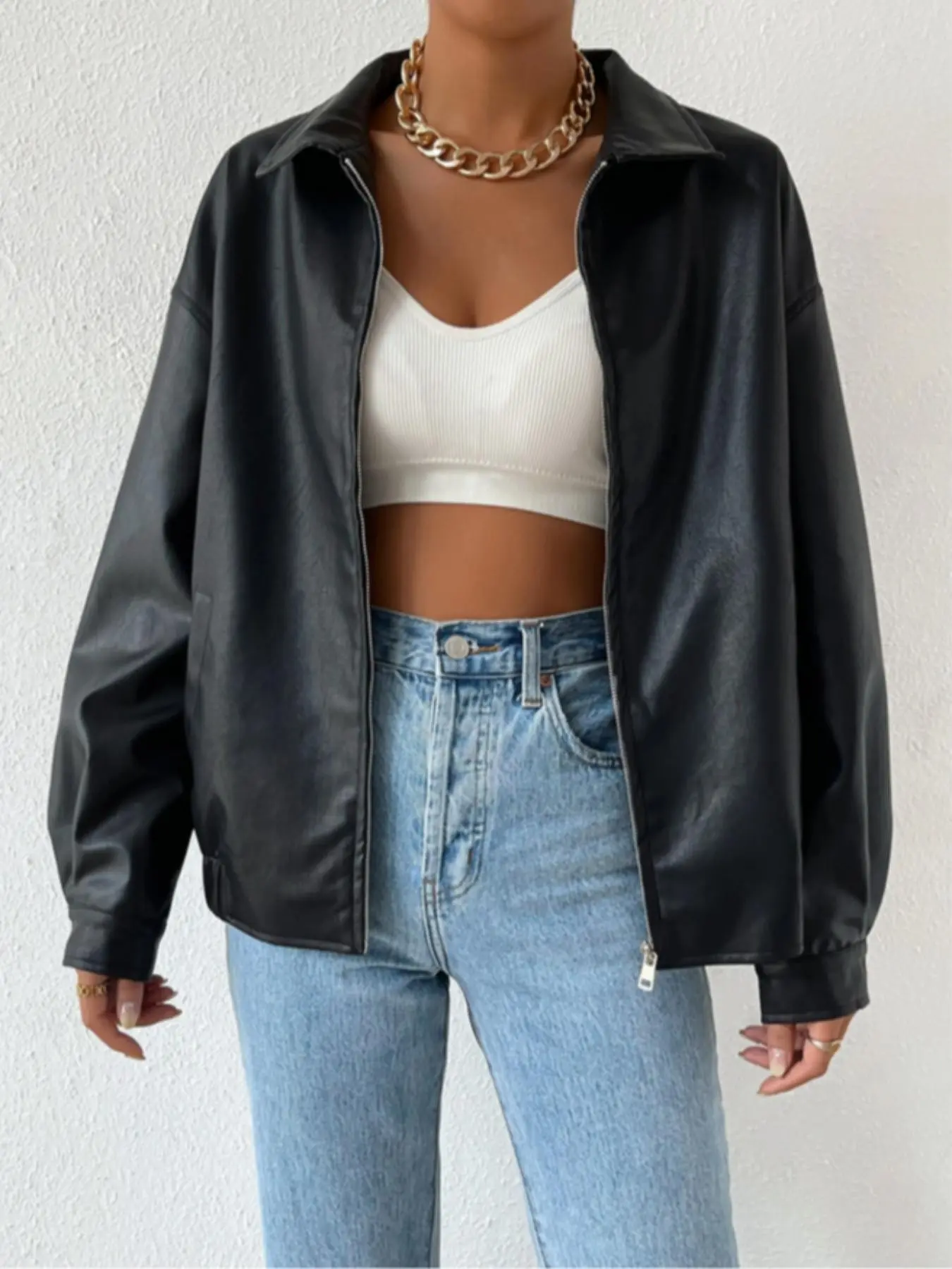 Women's Fall Winter Jacket, Drop Shoulder Zipper PU Leather Jacket, Casual Fashion Outerwear, Stylish and Comfortable Design
