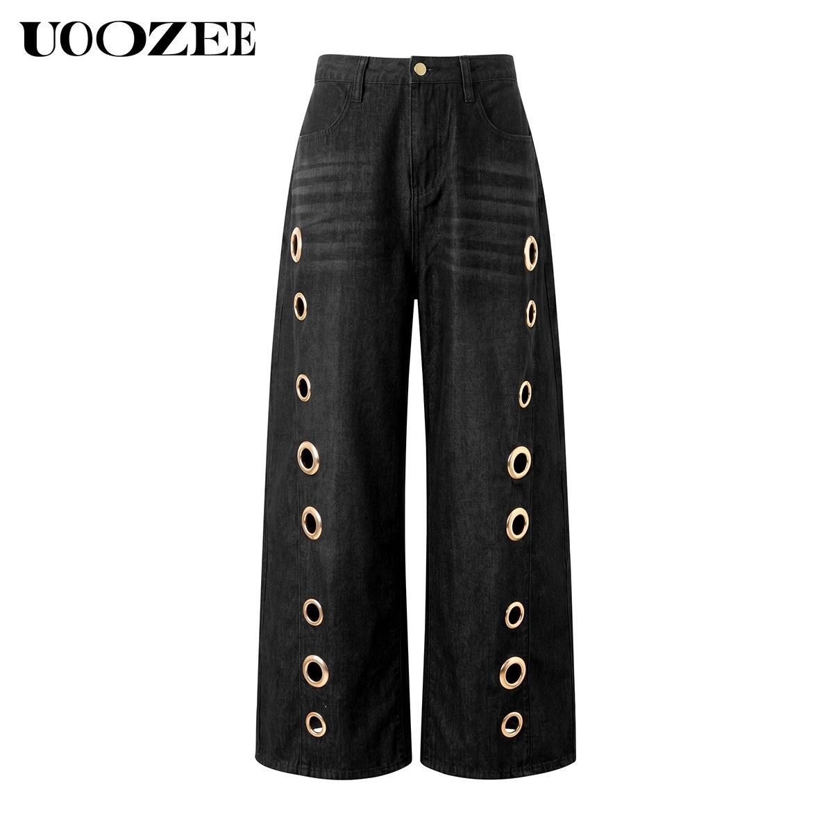 UOOZEE Women's Fall Jeans 2026 Graphic Eyelet Jeans, High-Waist Baggy Wide Leg Statement Denim Bottoms for Festival Looks,back to school shopping, Cropped