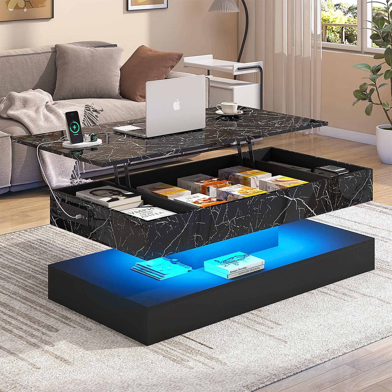 39.4"/47.2" Large Lift Top Coffee Table,Modern High Glossy LED Coffee Tables for Living Room with Storage,Black Living Room Tables for Living Room,Dining Room,Bedroom Home Office,APP LED Lights（Black/white）