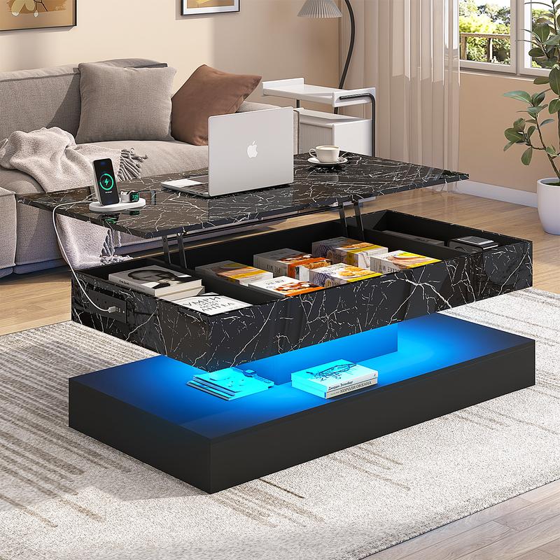 39.4"/47.2" Large Lift Top Coffee Table,Modern High Glossy LED Coffee Tables for Living Room with Storage,Black Living Room Tables for Living Room,Dining Room,Bedroom Home Office,APP LED Lights（Black/white）