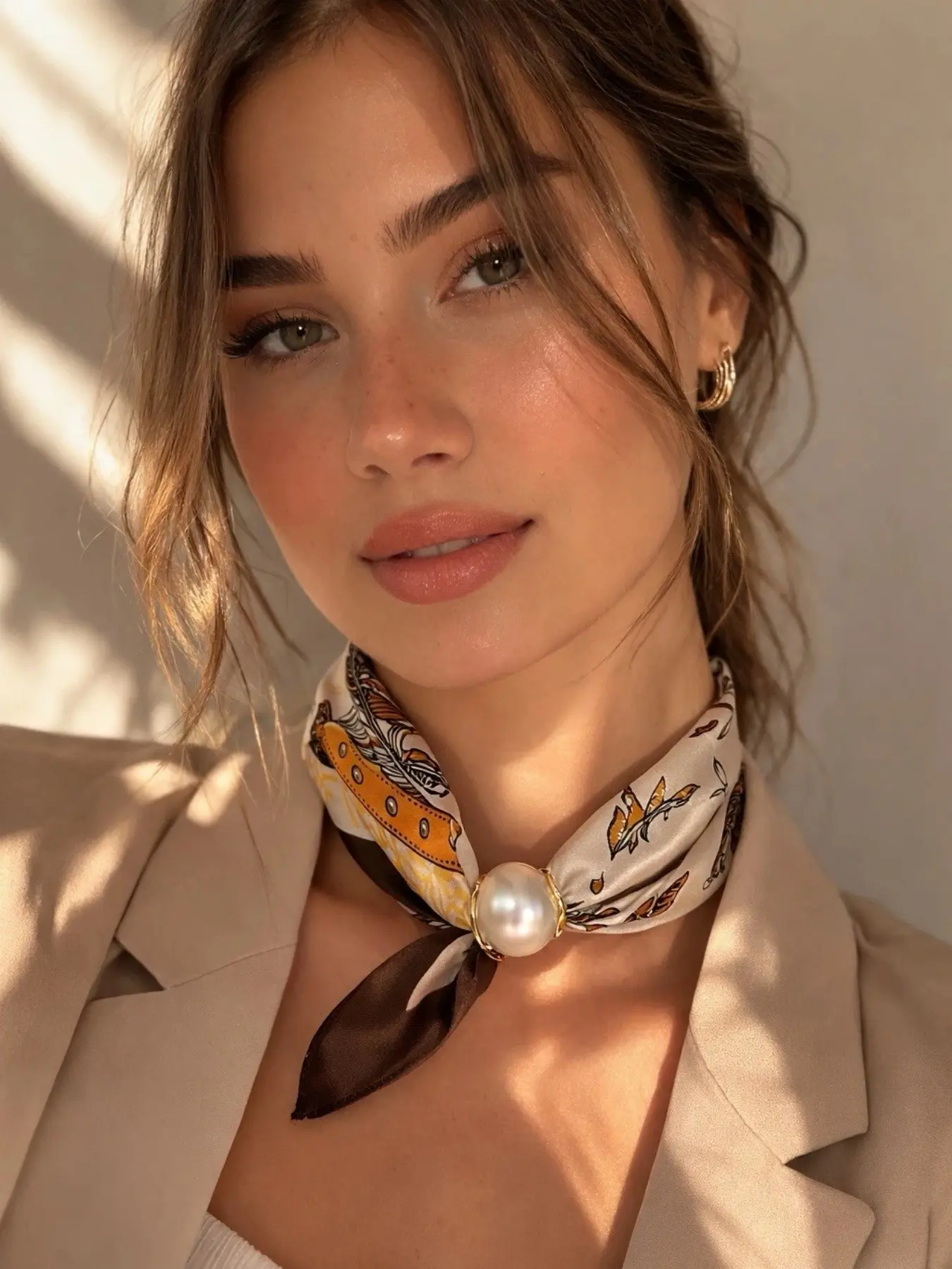 Elegant Pearl Necklace with Magnetic Clasp and Scarf Pendant, All-Season Satin Scarf, Fashion Gift Accessory, French Vintage Neckscarf