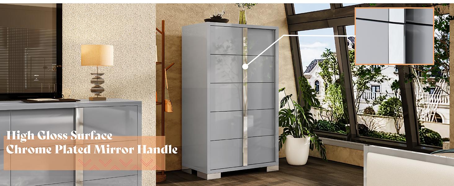 VanAcc Minimal High Gloss 5/6 Drawers Dressers with Silver Grooved Handles, Aesthetic Design, Modern Storage Chest of Drawers with Wide Tabletop, Storage Cabinet for Bedroom, Dressing Room, Living Room