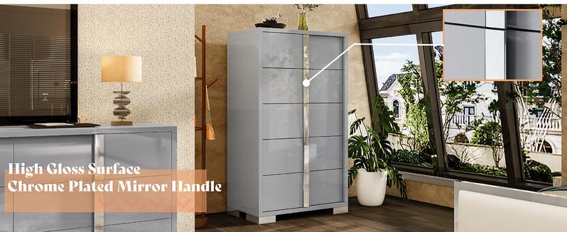 VanAcc Minimal High Gloss 5/6 Drawers Dressers with Silver Grooved Handles, Aesthetic Design, Modern Storage Chest of Drawers with Wide Tabletop, Storage Cabinet for Bedroom, Dressing Room, Living Room