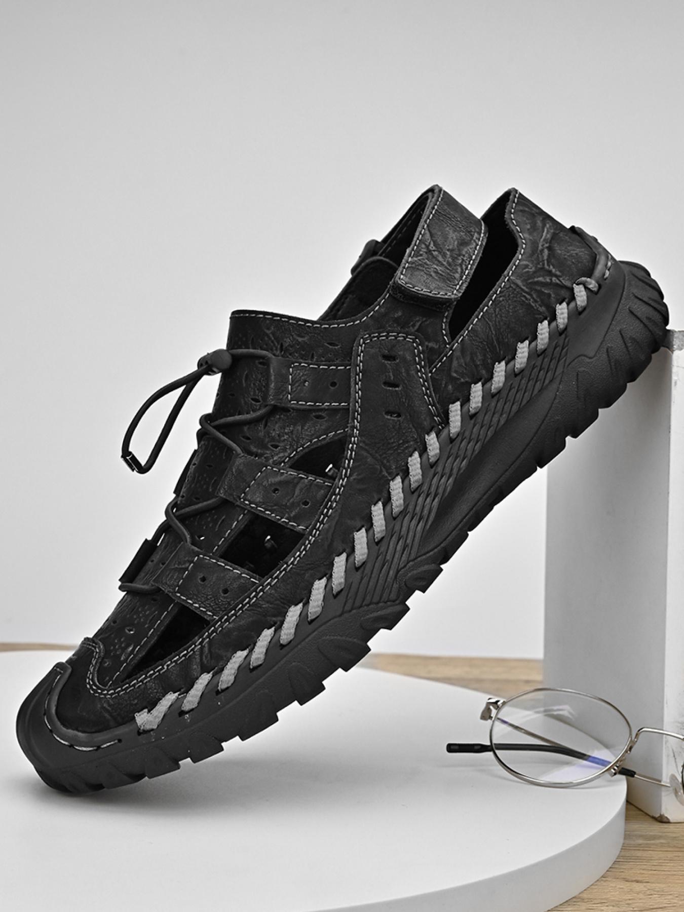 Men's Solid Color Hollowed-Out Closed-Toe Outdoor Sandals, Drawstring Velcro Non-Slip Beach Shoes, Hand-Stitched Thick-Soled Dad Shoes