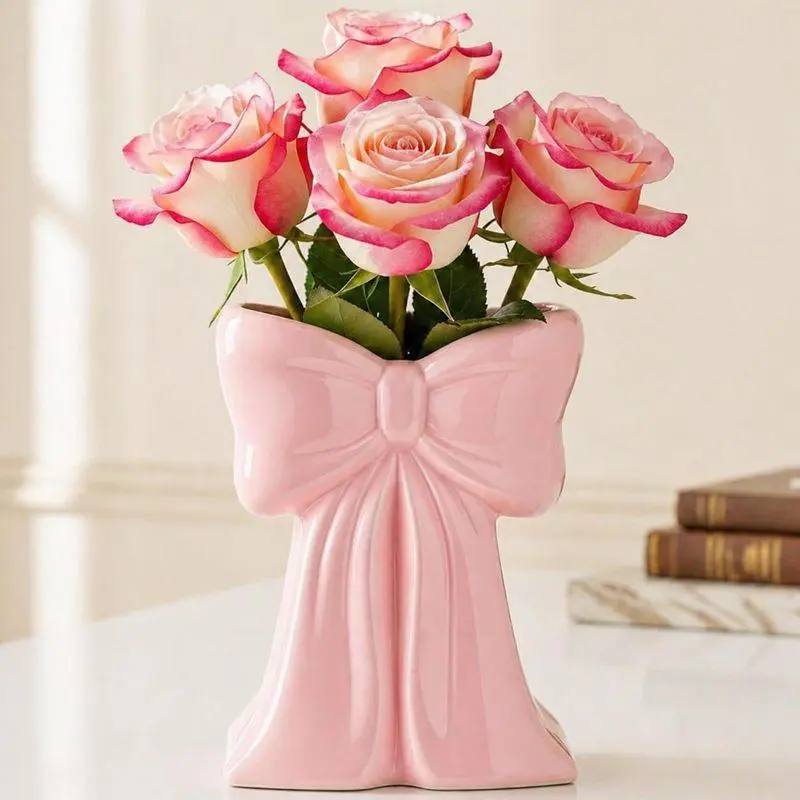 Soft Pink Ceramic Bow Vase and Brush Holder, Smooth Glazed Ceramic Bow Shape for Bouquets, Makeup Brushes, Vanity, Desk, Bookshelf and Fireplace Decor