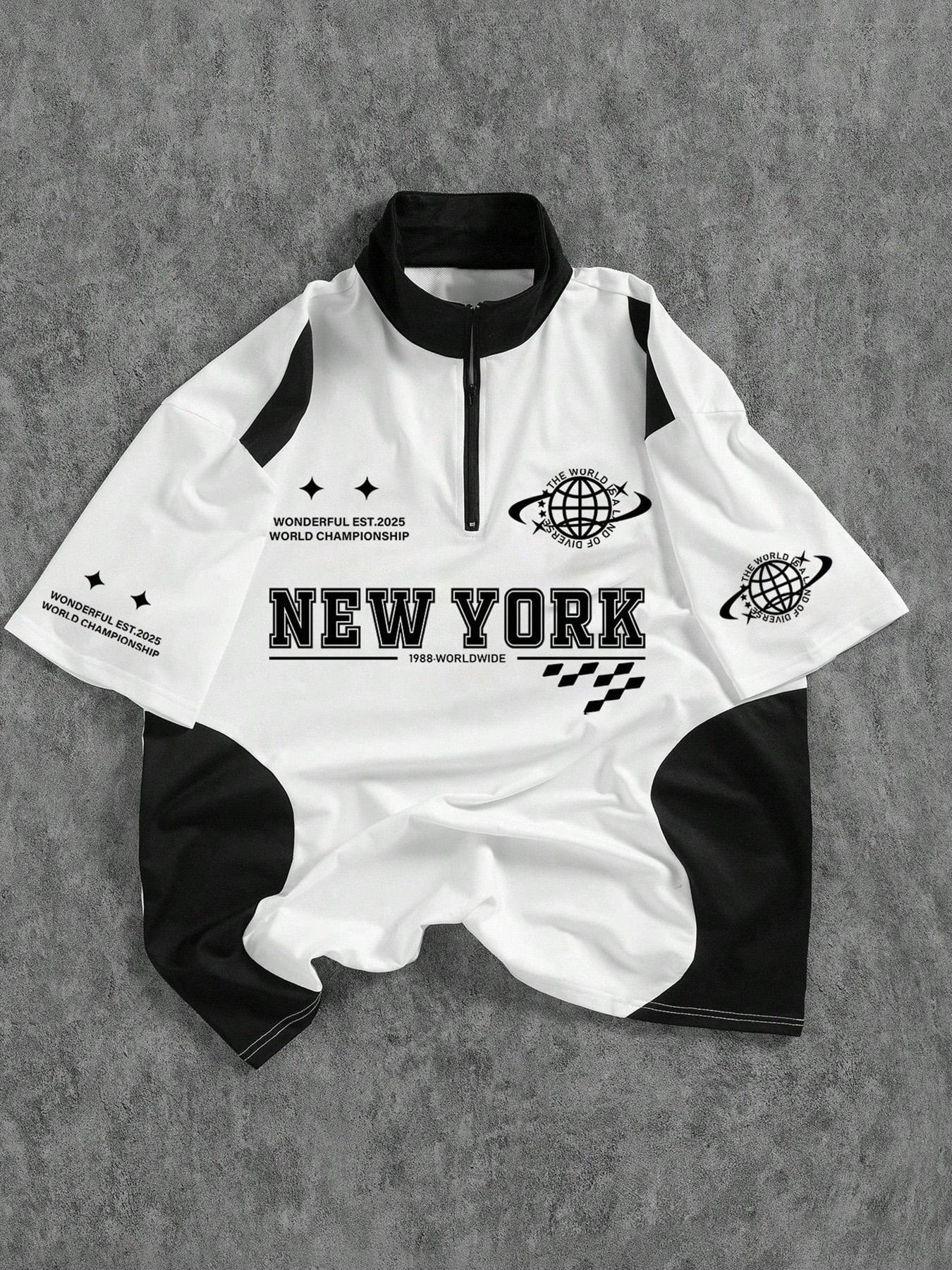 Men's Patchwork Half-Zip Polo Shirt, Racing Style Trendy Design, Perfect for Daily Wear or Unique