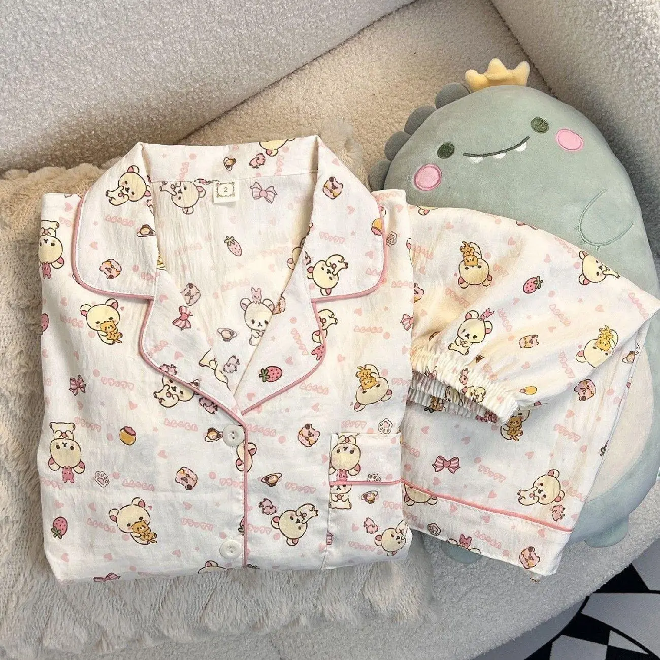 Cartoon Three Piece Set Pants Short Sleeves Kawaii Rilakkuma Pajamas Women's Summer Short Sleeves Shorts Student Home Suit Set