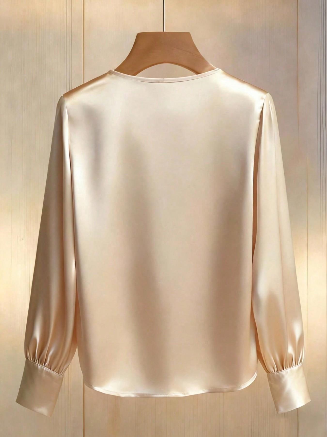 Women's Fashion Fitted Long Sleeve Top, Elegant Satin Round Neck Blouse, Suitable for Casual and Formal Office Commute