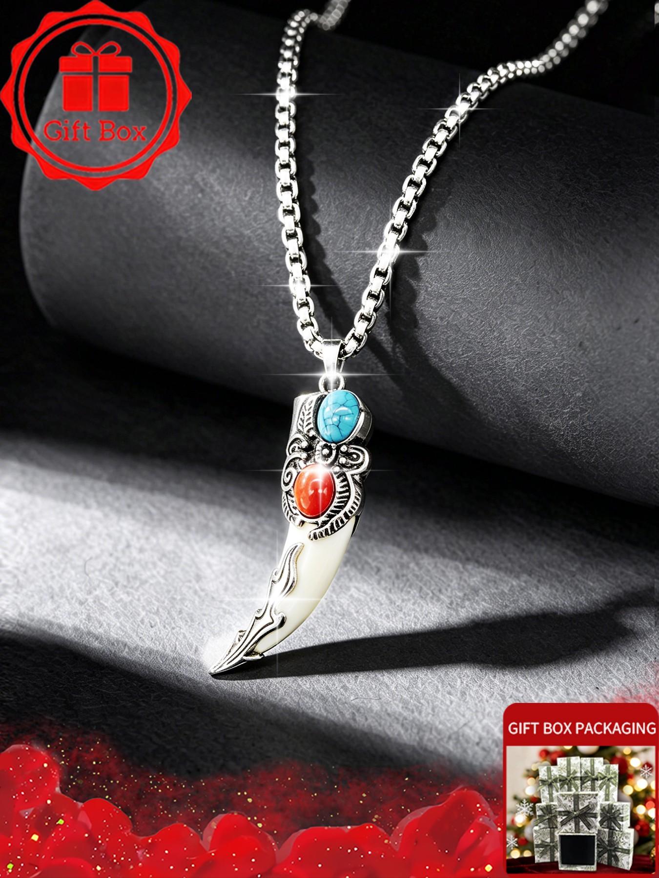 Vintage Viking Wolf Tooth Shaped Pendant Necklace, Durable 304 Stainless Steel Link Chain, Ethnic Tribal Indian Faux Turquoise Coral Stone Necklaces for Men, Cool Boy Punk Rock Biker Jewelry Accessories, Birthday Christmas Gift Present.