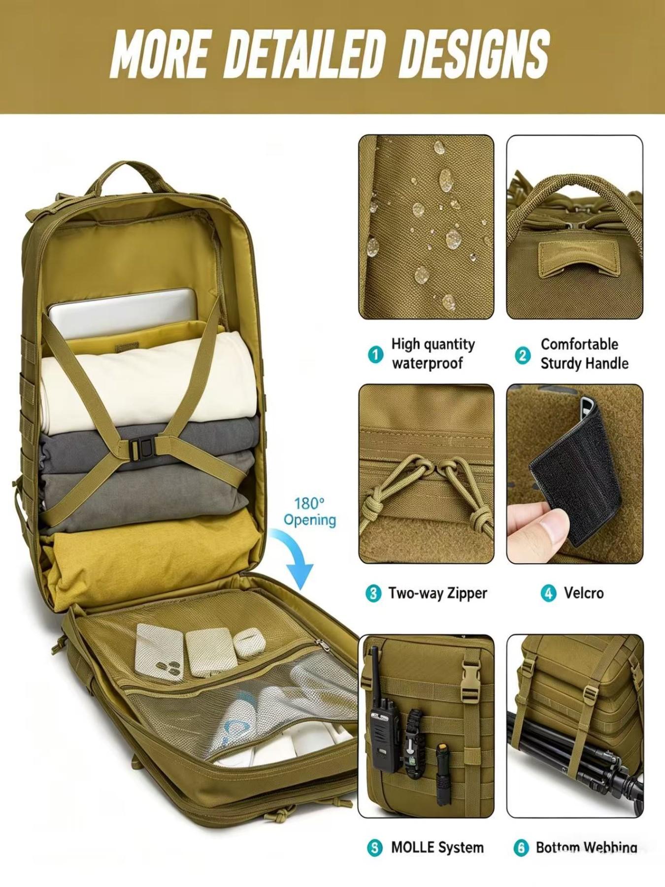 45L Large Capacity Molle Tactical Backpack, Waterproof Durable Outdoor Travel Bag, 15.6 Inch Laptop Compartment, Ergonomic Load Relief