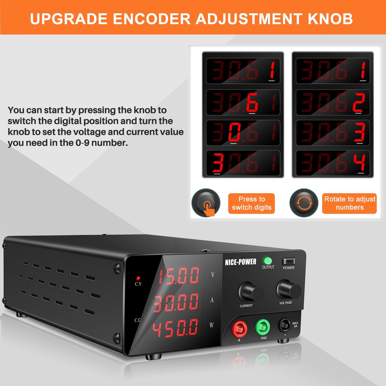 Nice-Power Variable Dc Power Supply, 15v 30a 450w High Power Bench Power Supply, Encoder Knob and Output Switch, Lab Power Supply