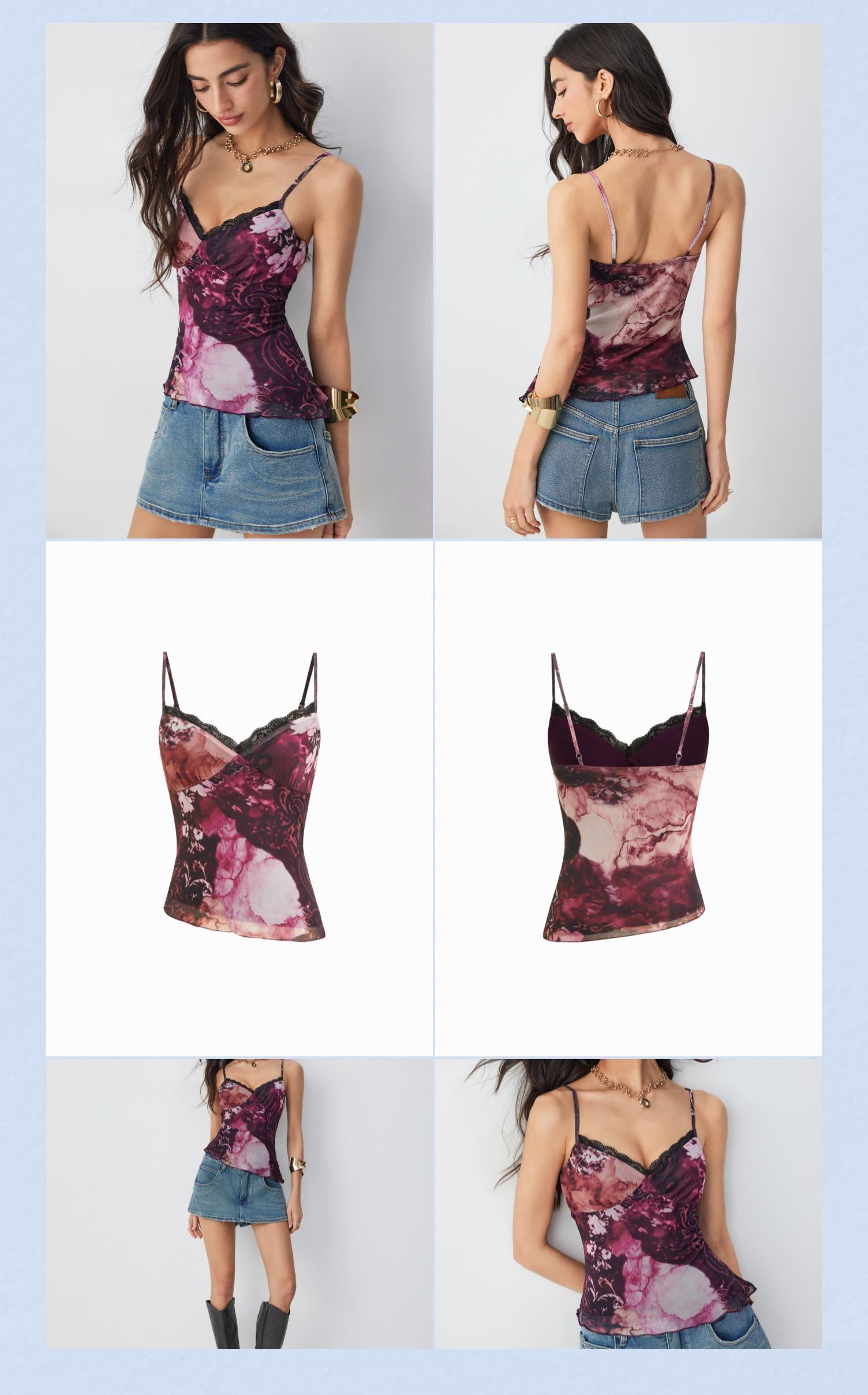 Cider Mesh Graphic V-neck Lace Trim Asymmetrical Hem Cami Top