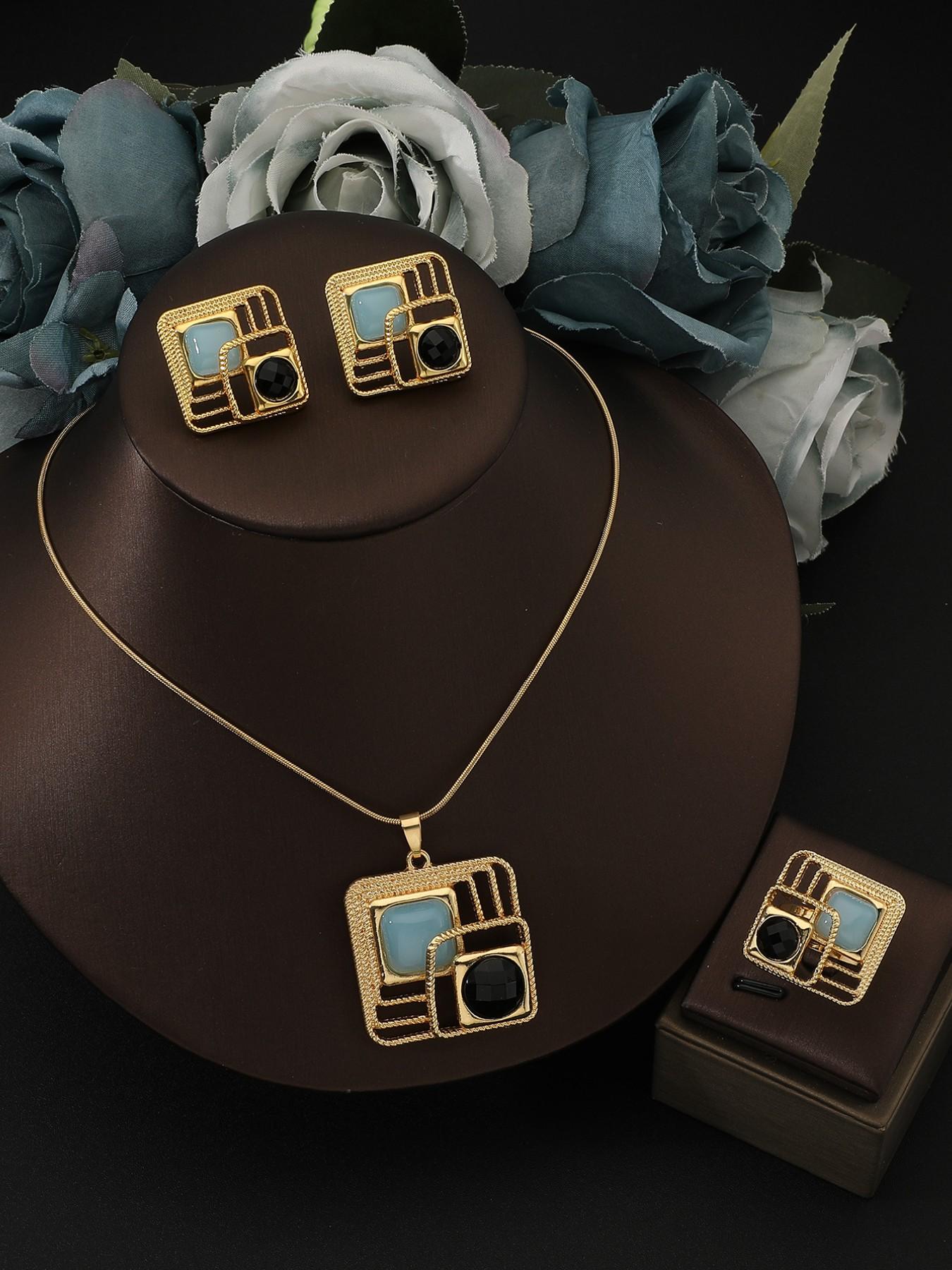 Luxury Unique Design Jewelry Set, Hollow Square Snake Chain Necklace Earrings Ring, Versatile Commuter Accessories, All Seasons Casual Style