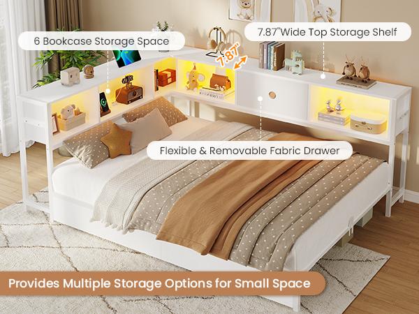 Hasuit Corner Twin Bed Frame with Storage Drawers and Bookcase Headboard, Twin Size Metal Platform Corner Bed Frame with Charging Station and LED Lights, Twin Daybed for Kids Teens Guests