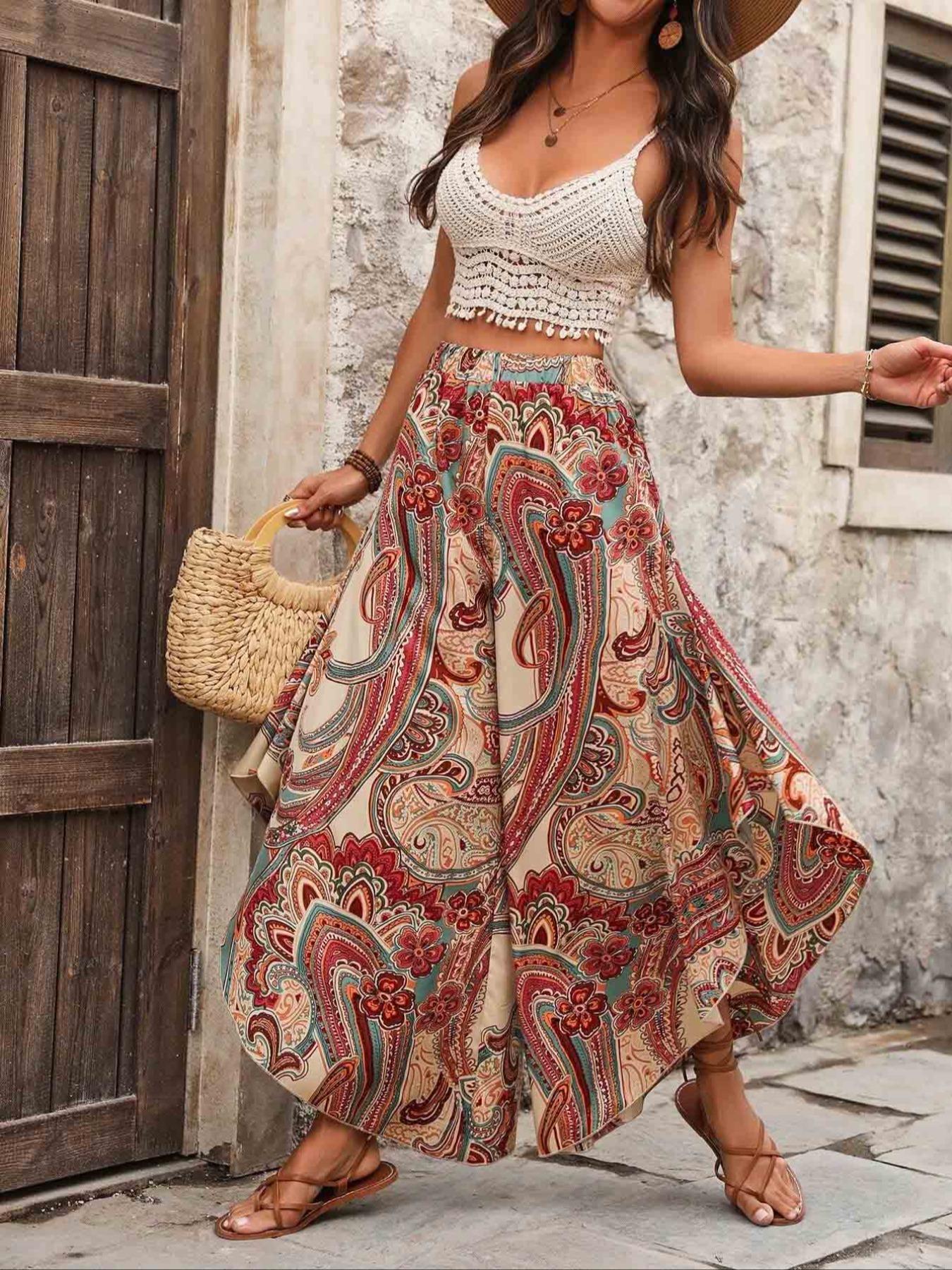 Women's Ethnic Pattern Wide Leg Pants, Boho High Waist Trousers for Daily Holiday Vacation Wear, Casual Ladies Bottoms for Spring & Fall, Bohemian Womenswear, Elastic Waisted Pants, Casual Loose Pants