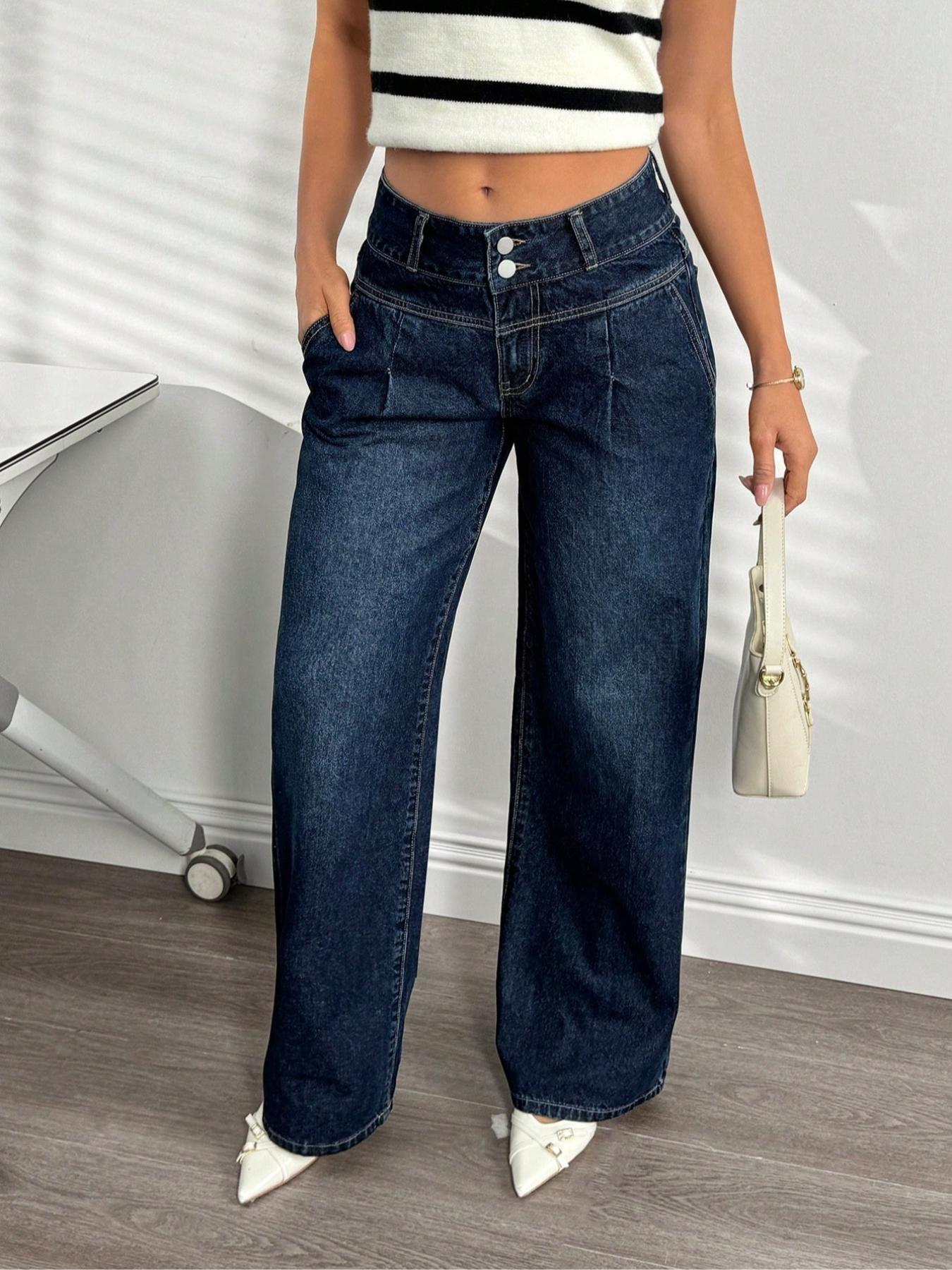 Women's Wide-Leg Loose-Fit Jeans Pants, High-Waisted Button Fly Denim Jeans with Pockets, Fashionable Comfortable Everyday Casual Wear for All Seasons