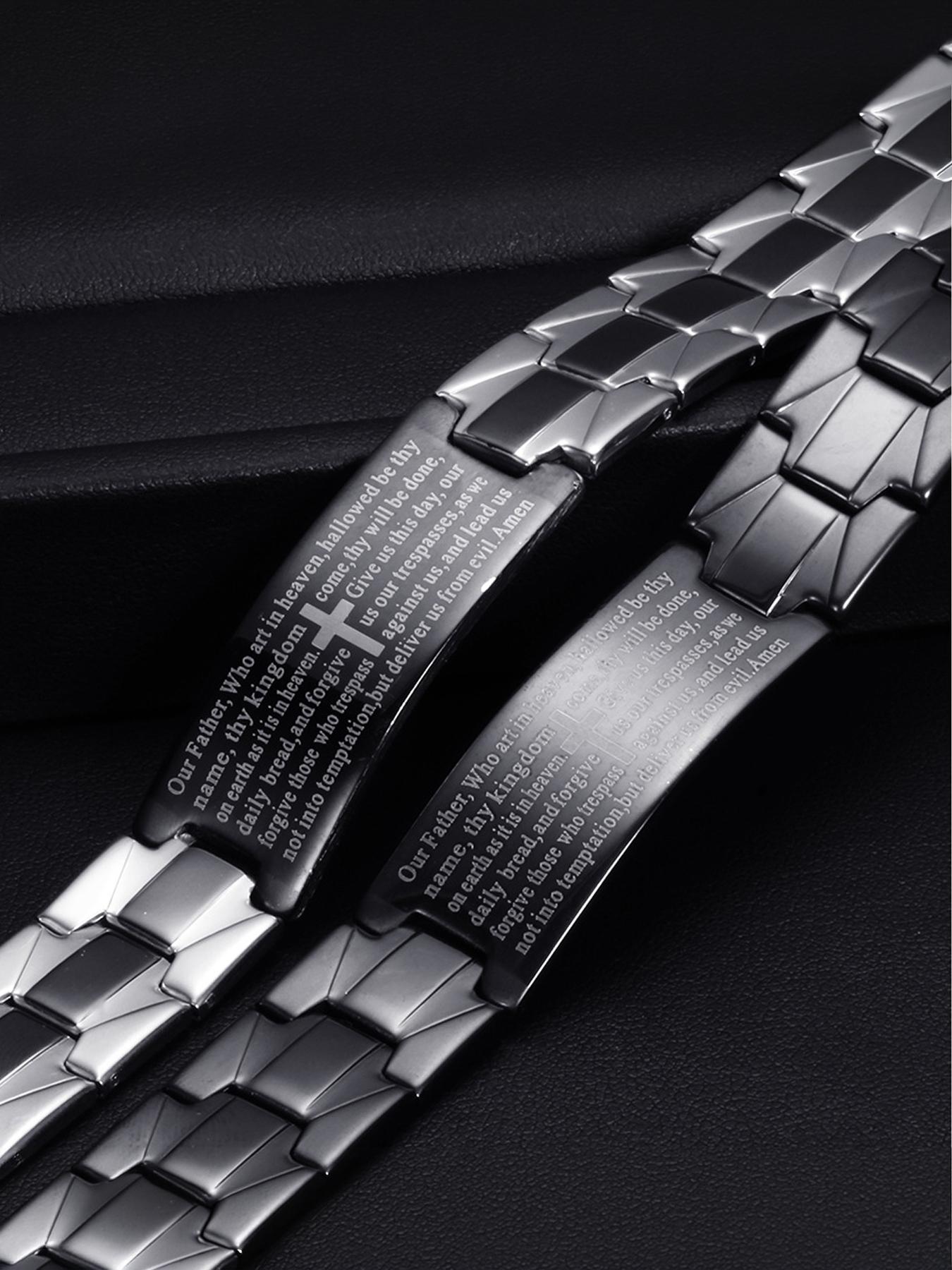 Stainless Steel Geometric Sanskrit Cross Men's Bracelet, 4:13 Cross Engraved Scripture Personalized Necklace # Jewelry / Stainless Steel / Colorfast / Hypoallergenic / Couple / Festival / Party / Ideal Gift