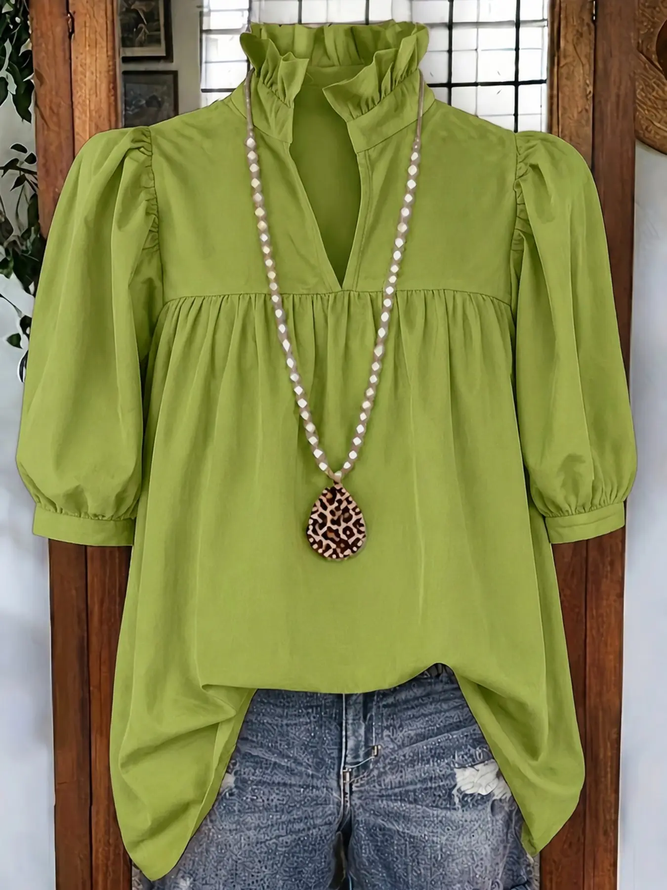 New Summer Short Sleeve Shirt Blouse, Plain Color Ruffle Neck Bubble Sleeve, Loose-Fit Casual Chic Top, French Tuck Style, Teacher & Office Wear