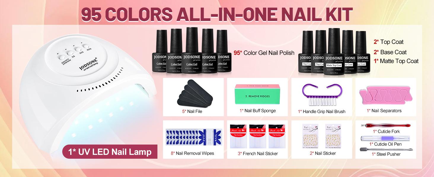 JODSONE 100 Bottles of Gel Nail Polish Kit with U V Led Light 95 Multiple Glossy Glitter Colors Mint Green Light Pink Nail Gel Base Coat Glossy and Matte Top Coat Gel Polish Kit