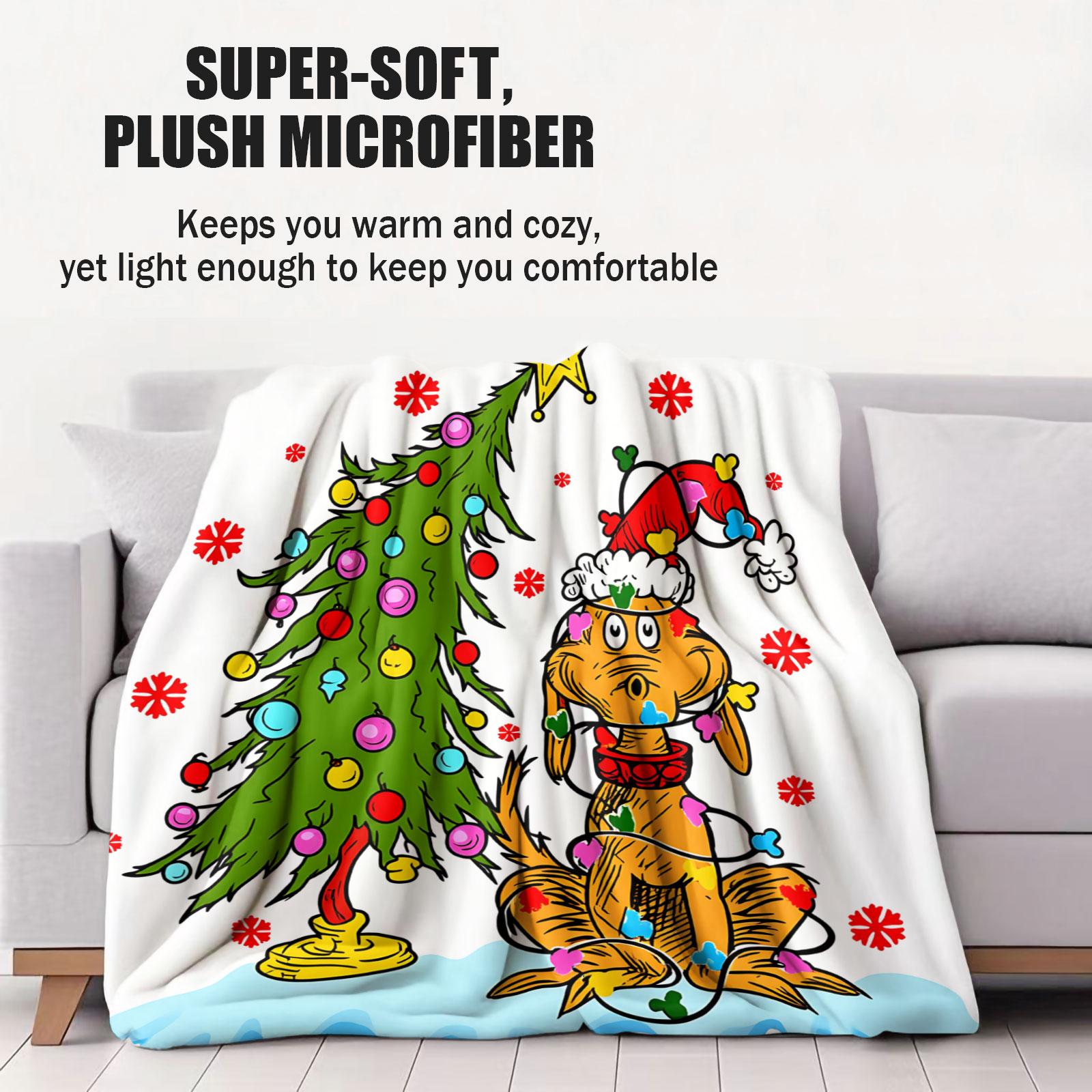 Christmas Theme Flannel Sofa Bed Blanket, Christmas Tree and Dog Grinch Pattern Plush Cover, Soft Smooth Thick Dense, Suitable for Who Love Christmas and Childlike Whimsy, Perfect Gift Choice or Self Use
