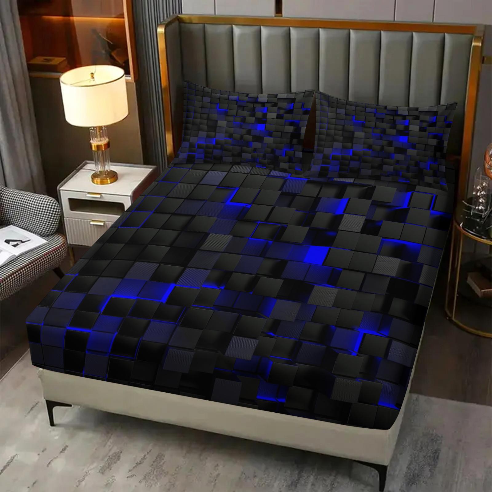 Block theme Fitted Sheet Set,Includes 1 Fitted Sheet & 2 Pillowcases without Filler,Based on black,Paired with luminous block texture,Presenting a sense of technology,Soft and comfortable bedding set,Multiple styles to choose from.