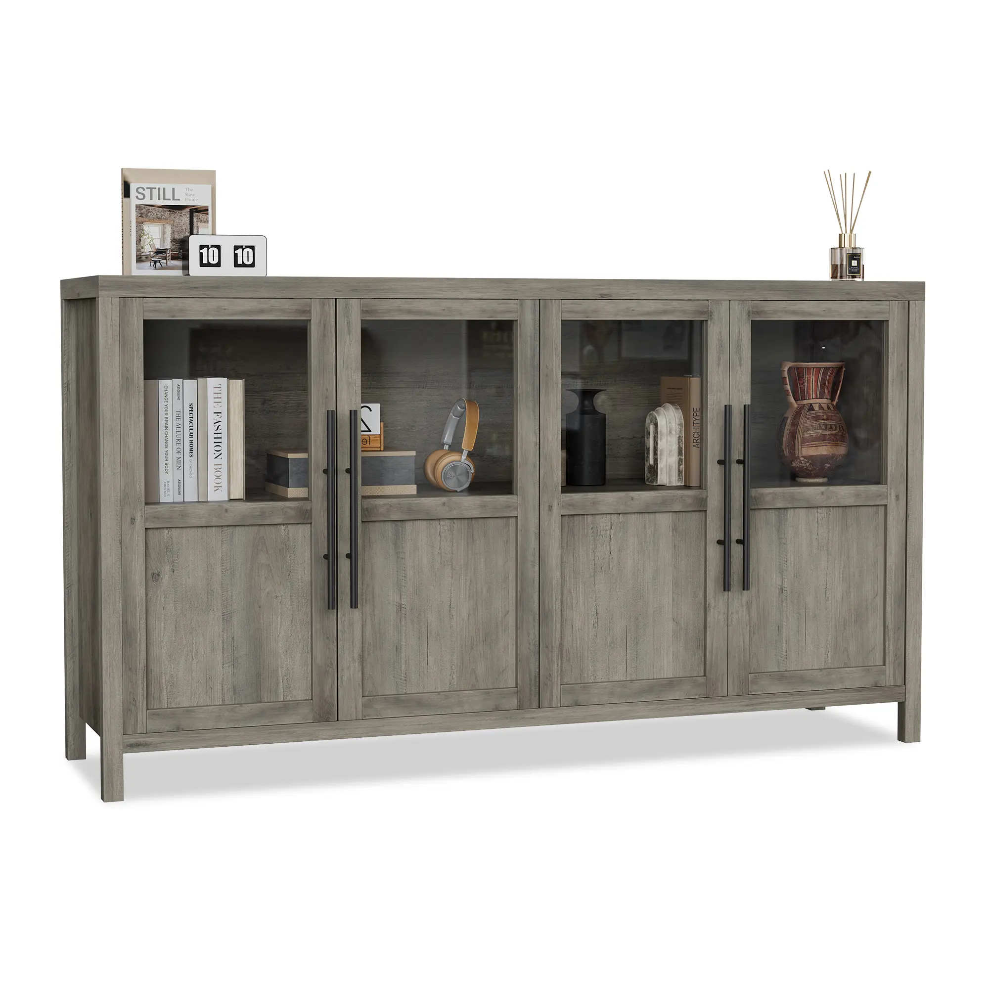 Modern Farmhouse 55" Sideboard Buffet Cabinet - 4 Glass Doors, Wood Display Storage with Shelves, Coffee Bar Accent Cabinet for Kitchen & Dining Room