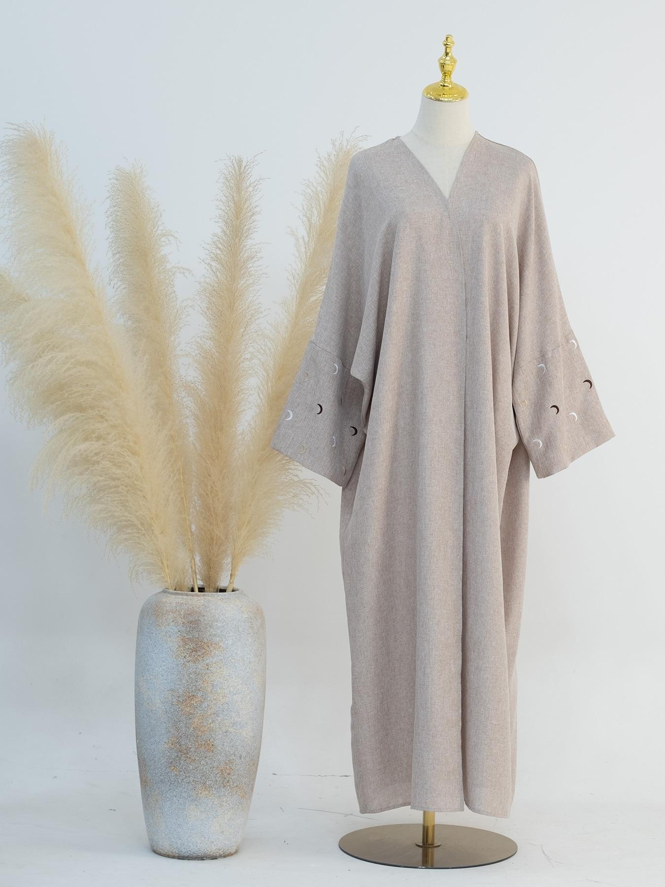 Arabic Clothing- Women's Moon Embroidery Abaya without Hijabs, Summer Outfits 2024, Modest Casual Long Sleeve Open Front Muslim Abaya, Islamic Clothing