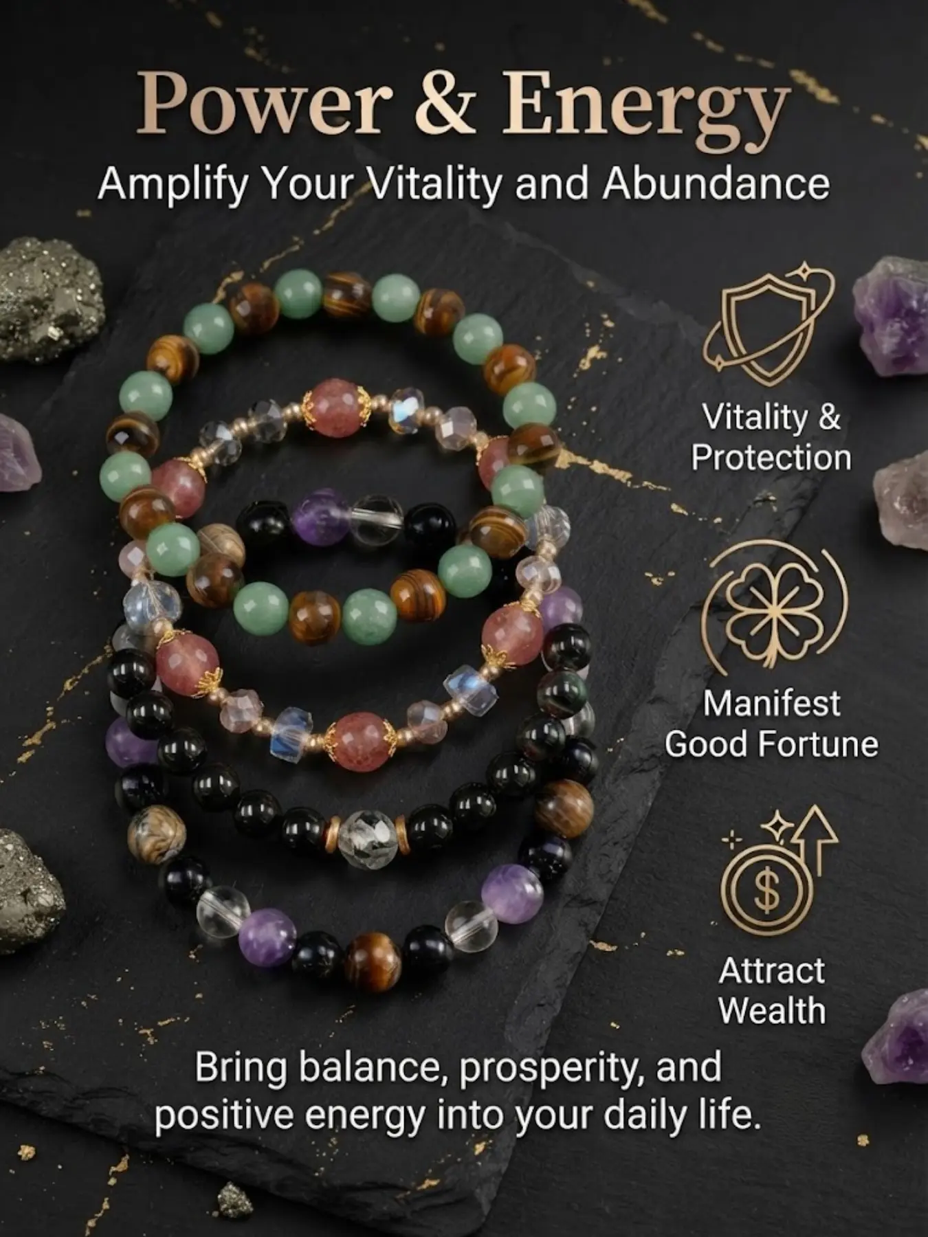 4pcs Crystal Beaded Bracelets, Obsidian, Onyx, Tiger Eye, Money Attraction, Elastic Stack Jewelry, Party Daily Wear, Lucky Gift