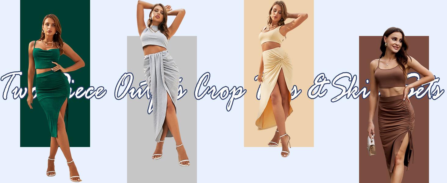 ZAFUL Women's Casual Sleeveless Summer Two Piece Outfits Crop Top & Side Split Draped Ruched Maxi Skirt Set Solid Suiting Minimalist Black Basic Clothes Womenswear Short