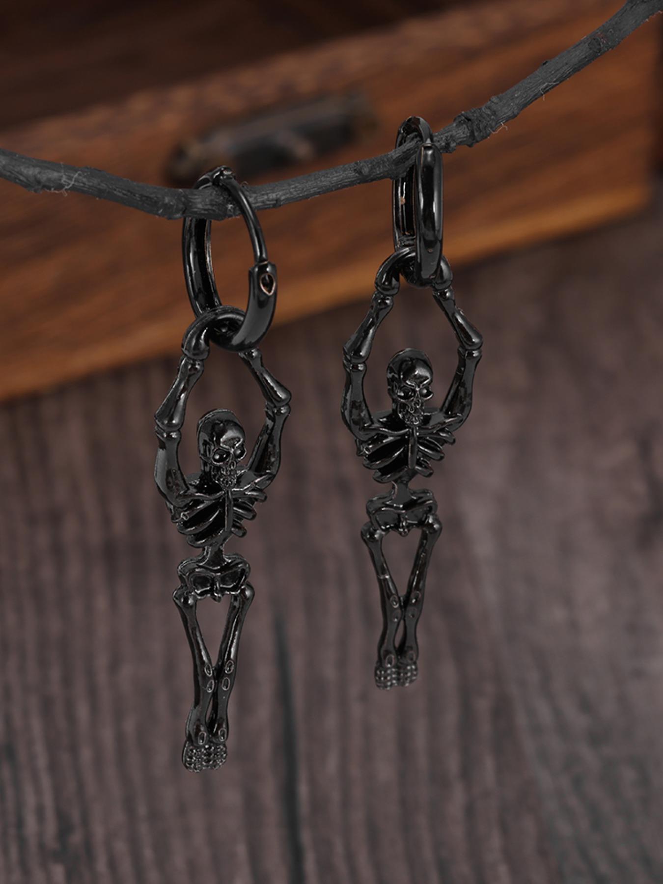 Dark Punk Skull Earrings, Vintage Style Hoop Studs, Streetwear Accessory, Party Jewelry, Unique Gift for Friends