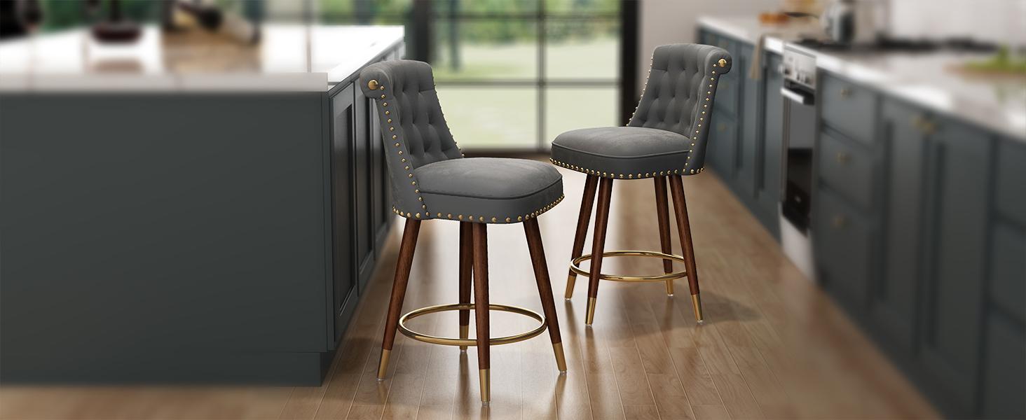 Counter Height Bar Stools, 360° Swivel Bar Stools, Upholstered Barstools with Back and Footrest for Kitchen Island, 24" H Seat Height, Solid Wood Legs
