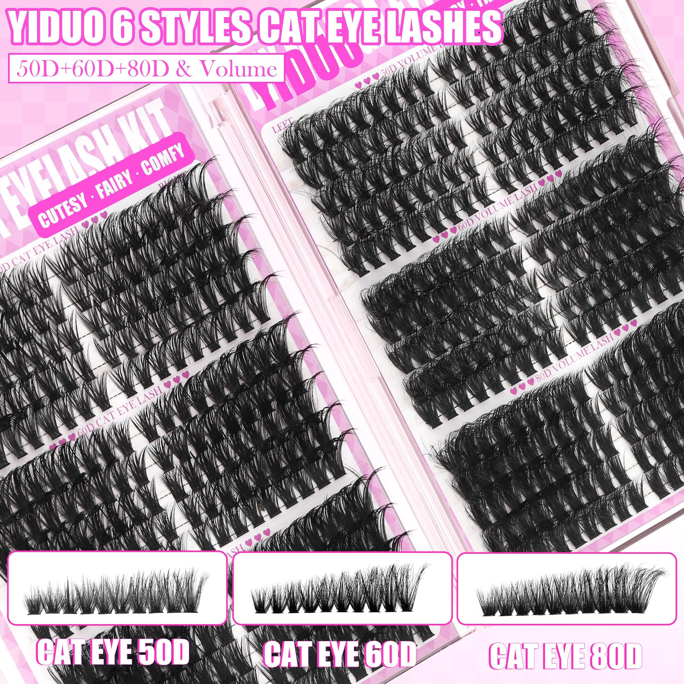 YIDUO 1110pcs DIY Lash Extension Kit, Complete Eyelash Clusters Set with Bond & Seal, Remover, Tweezers & Eyelash Brush, 10-18mm D Curl Manga, Cat Eye and Wispy Volume Lashes (50D, 60D, 80D, 100D) for Home Salon, Includes Lash Tools