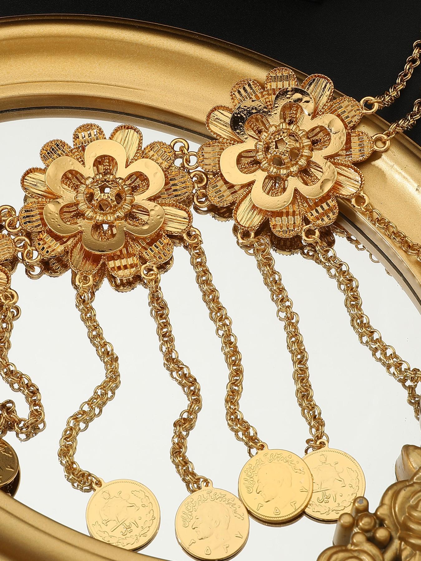 Vintage Turkish Flower Gold Coin Bell Necklace, 18k Gold Plated Luxury Exotic Pendant, Elegant Geometric Design, All Seasons Accessory