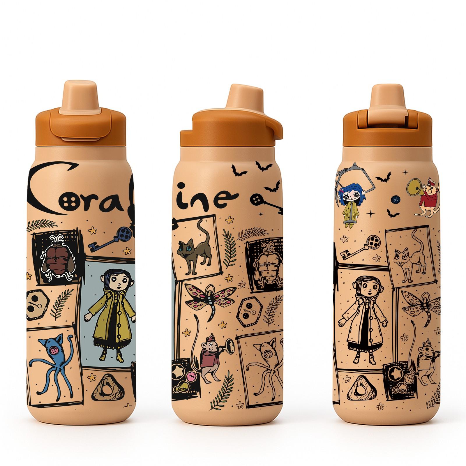 28oz Coraline Inspired Straw Insulated Tumbler, Dark Fairy Tale Aesthetic with Creepy Cute Cartoon Art, Double Wall Vacuum Stainless Steel Keeps Drinks Hot or Cold for Hours, Leak Proof Straw Lid, Big Capacity Bottle for Movie Fans and Weirdcore Lovers