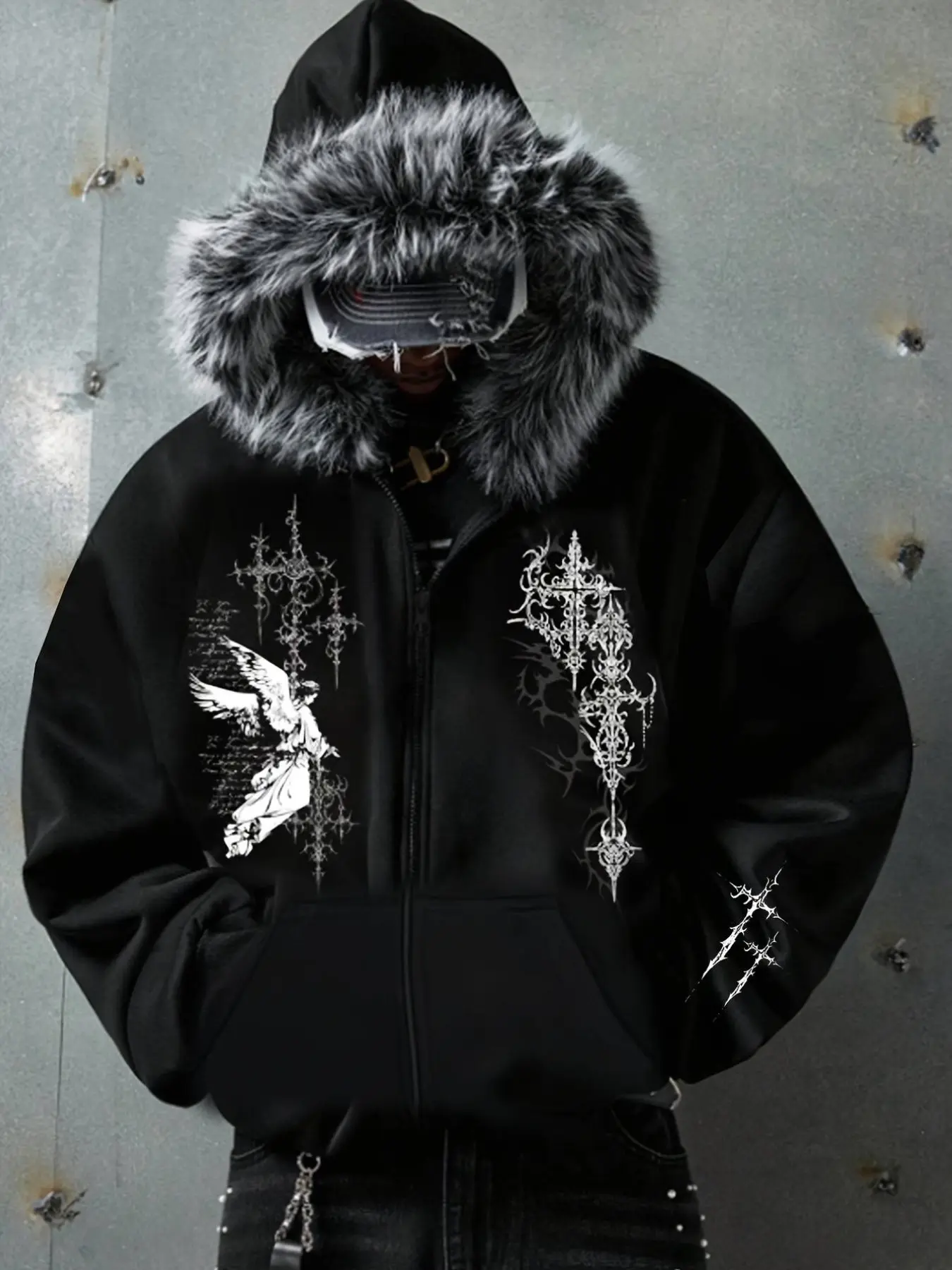 Men's Hooded Open Front Jacket, Faux Fur Collar Design, Gothic Thorn Pattern, Zipper Outerwear, Fall Winter Warm Casual Coat