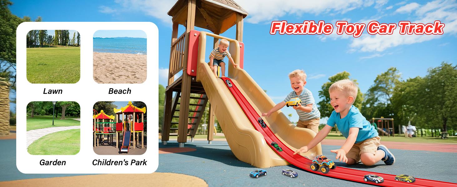 Hotfree Flex Tracks 15Ft for Kids, STEM Flexible Race Car Ramp Track with 4 Small Racecars 12 Suction Cups and 1 Hook, Compatible with Hot Wheels and Diecast 1/64 Cars, Rolls Up Portable Racetrack for Ages 3+, Easter Toy Birthday Christmas Gifts for Kids