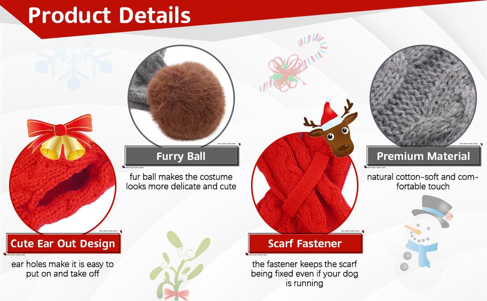 Kuoser Dog Hat & Scarf Set, Dog Knitted Hat Pet Christmas Winter Warm Caps Cute Accessories Neck Ear Warmer Hood Warm Scarf Party Decoration for Pet Cat and Dog fit for Small Medium Large Dogs