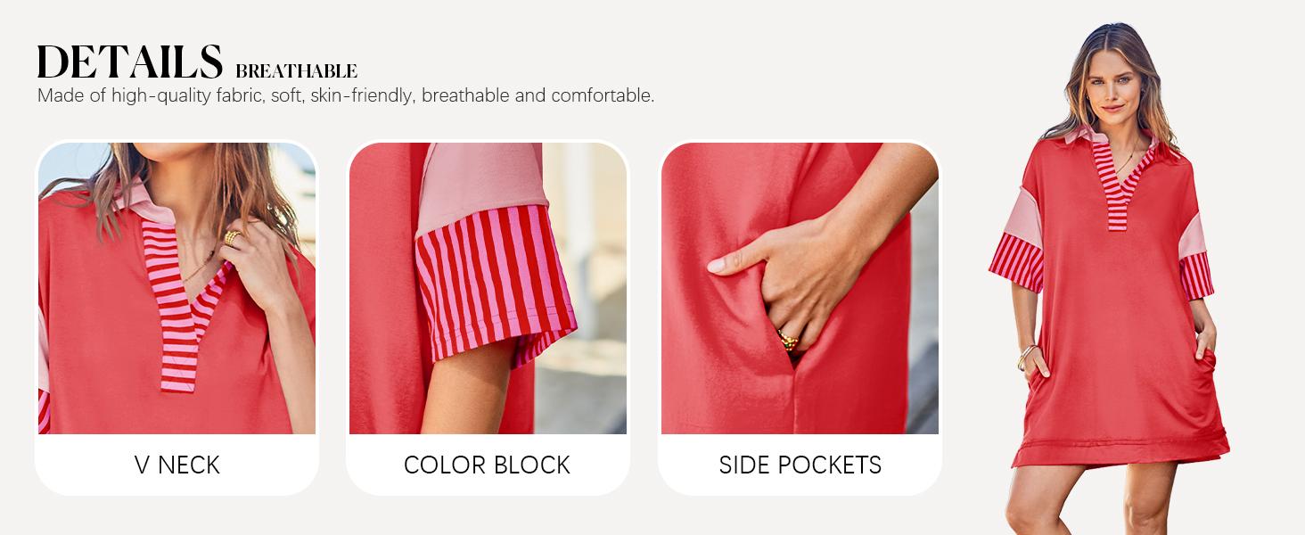 Wenrine Women's Polo V Neck T Shirt Dress Casual Summer Oversized Color Block Short Sleeve Sweatshirt Mini Dresses