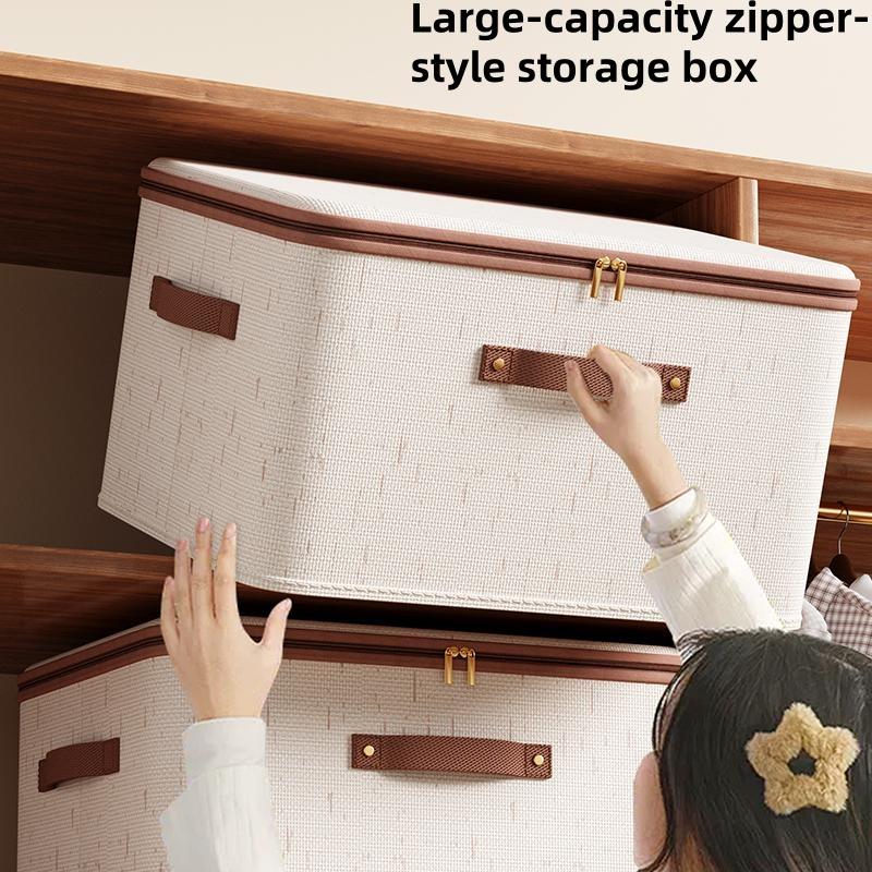 Large Capacity Cotton Linen Storage Box with Zipper, Multi-Functional Organizer for Clothes Bedding Bedroom Closet Office Car Trunk, Clothes Storage Organiser