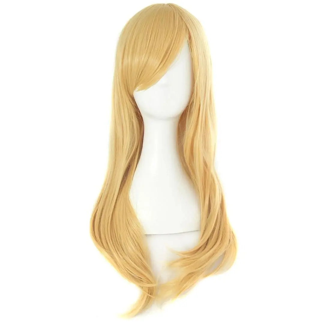 Long Anime Side Bangs Great Wavy Curly Cosplay Party Wig Orange Yellow Costume Synthetic Hair