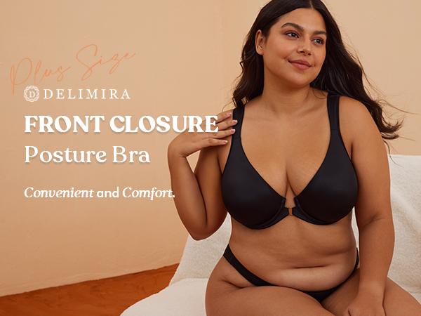 DELIMIRA Women's Front Closure Bras Posture Full Coverage Plus Size Underwire Unlined Back Support Plunge Seamless Bra B-H